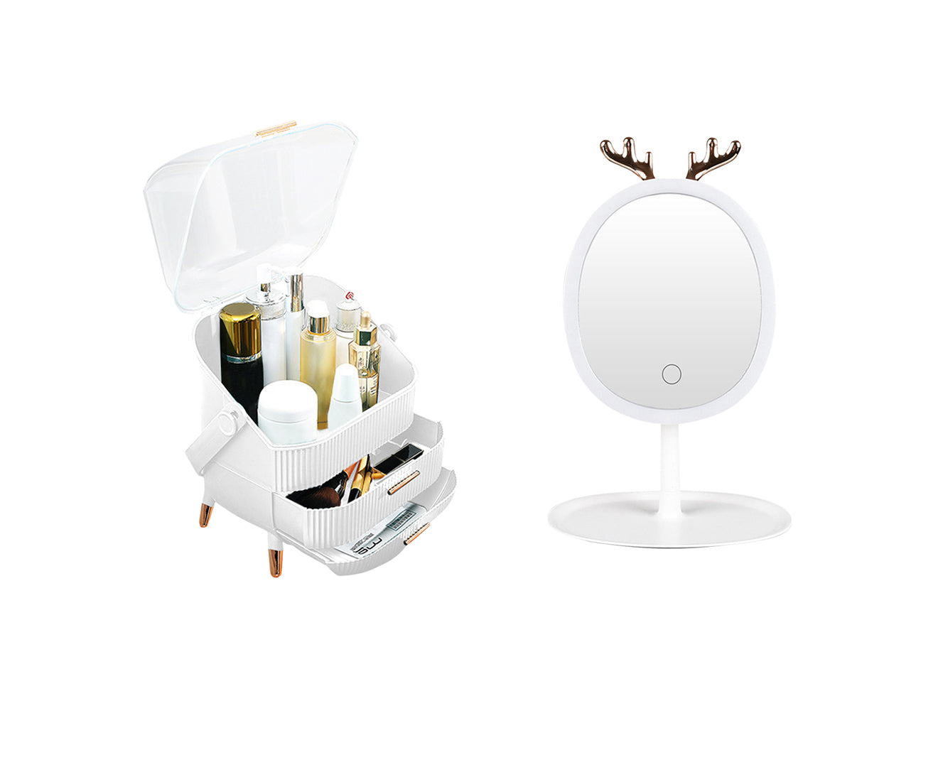 NNEAGS White Cosmetic Jewelry Storage Organiser with Antler LED Light Mirror Tabletop Vanity Set-0