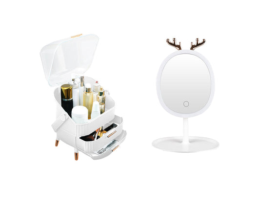NNEAGS White Cosmetic Jewelry Storage Organiser with Antler LED Light Mirror Tabletop Vanity Set-0