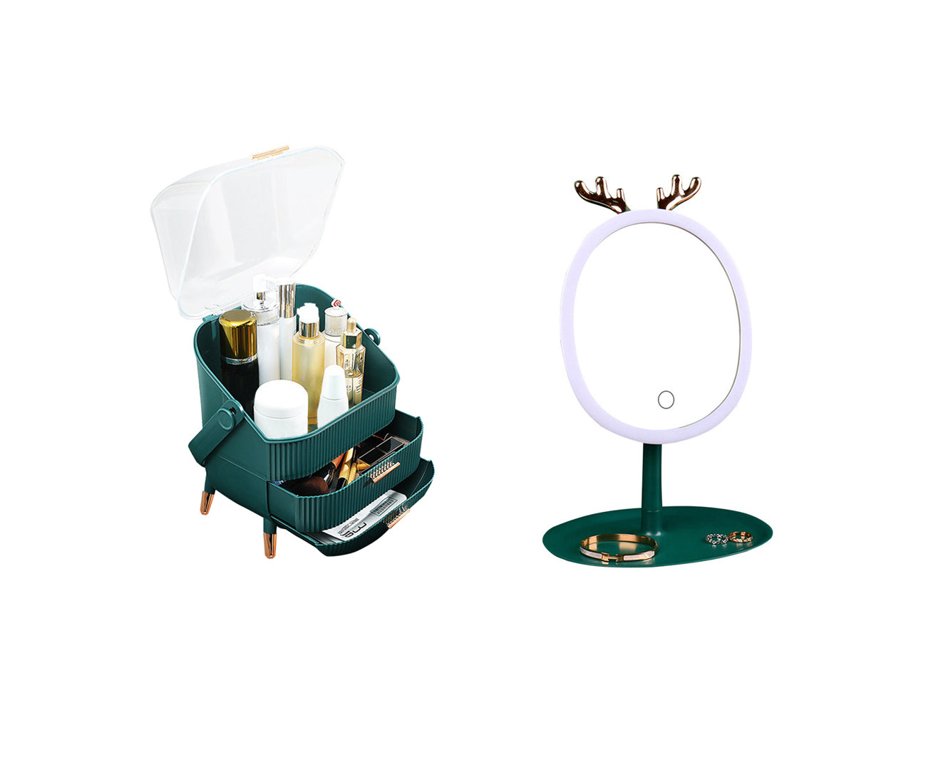 NNEAGS Green Cosmetic Jewelry Storage Organiser with Antler LED Light Mirror Tabletop Vanity Set-0