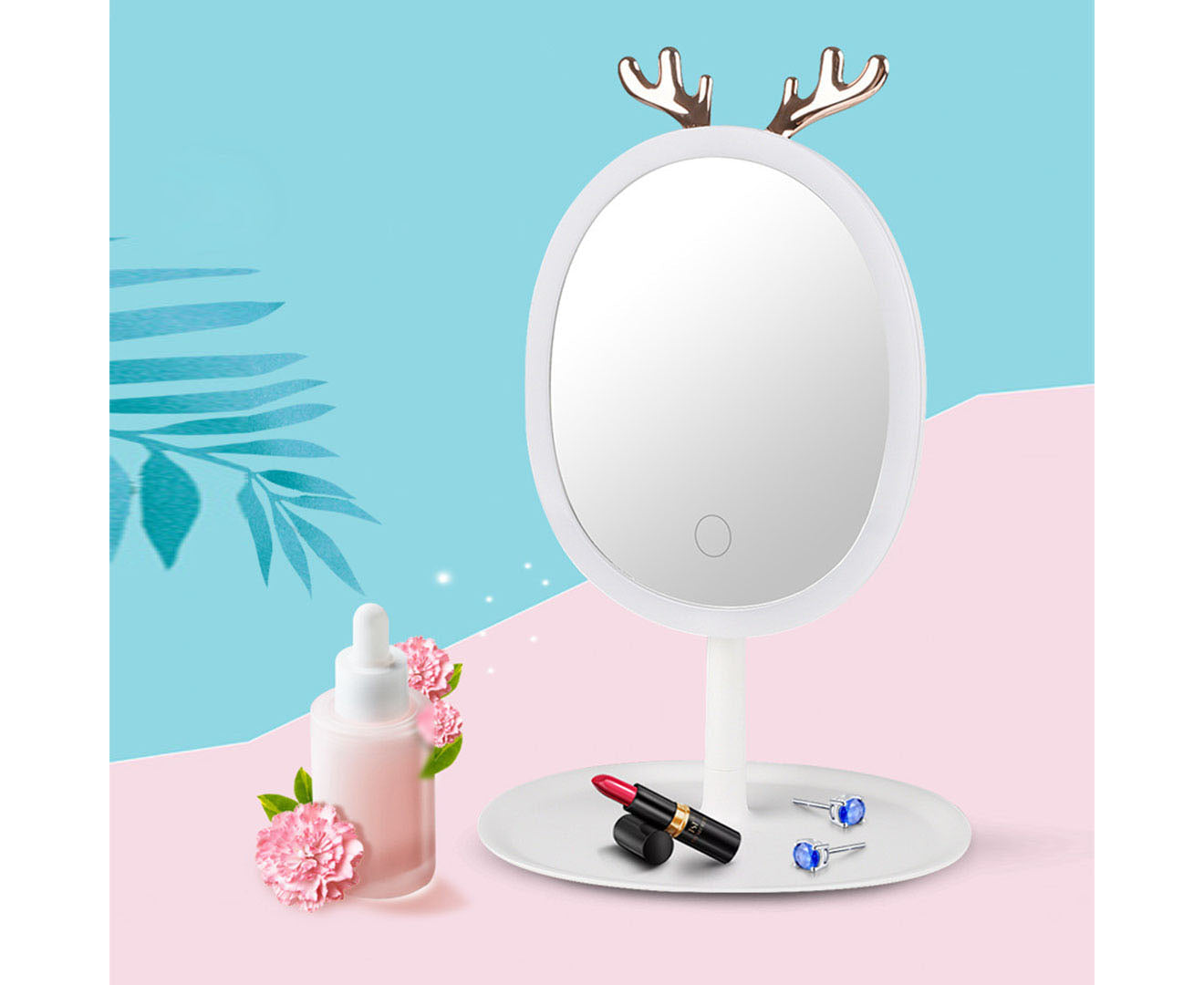 NNEAGS White Cosmetic Jewelry Storage Organiser with Antler LED Light Mirror Tabletop Vanity Set-2