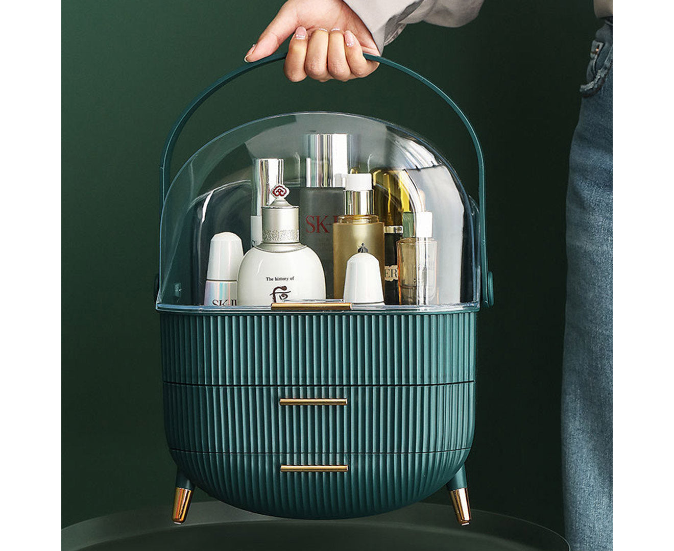 NNEAGS Green Cosmetic Jewelry Storage Organiser with Antler LED Light Mirror Tabletop Vanity Set-2