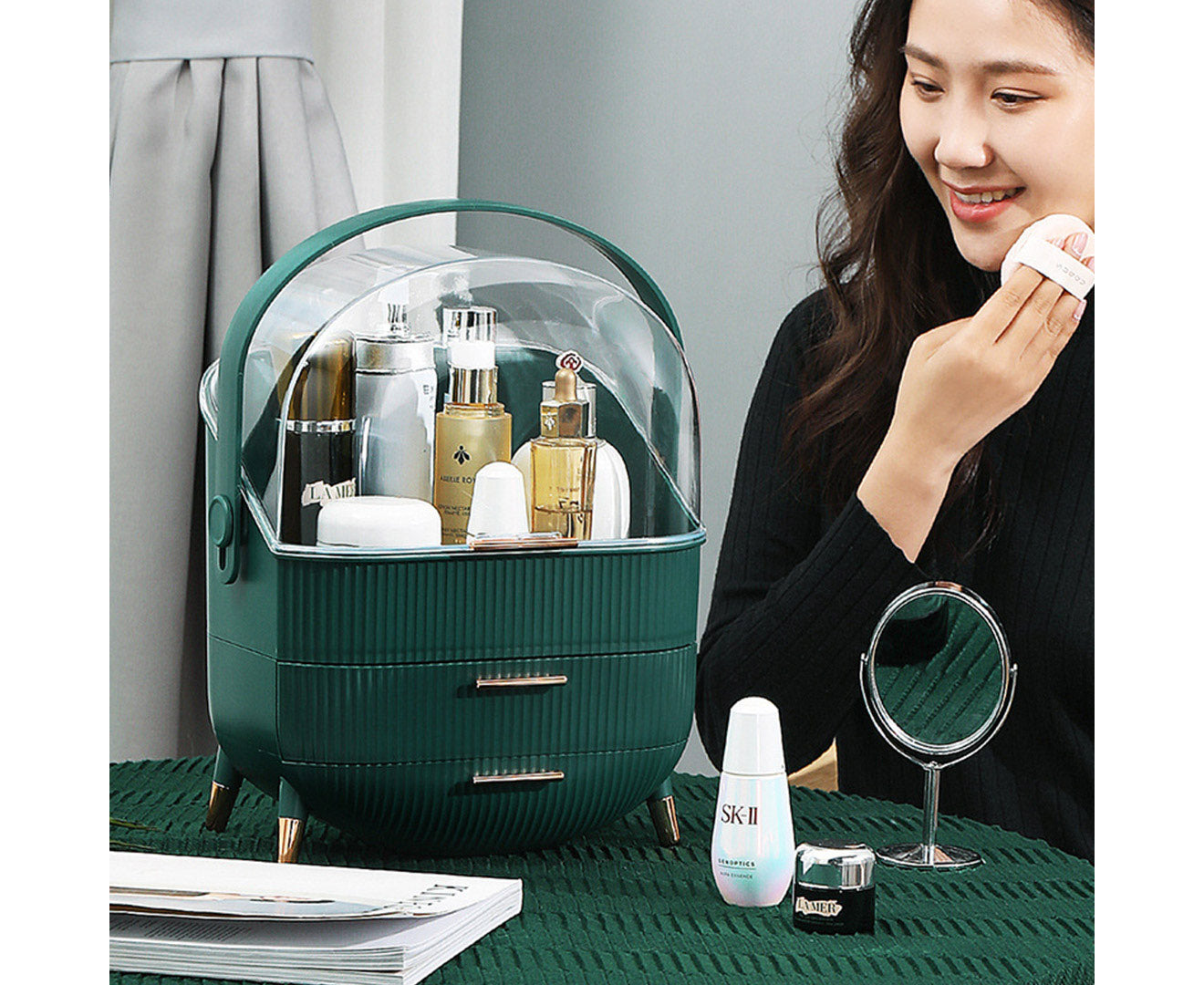 NNEAGS Green Cosmetic Jewelry Storage Organiser with Antler LED Light Mirror Tabletop Vanity Set-3