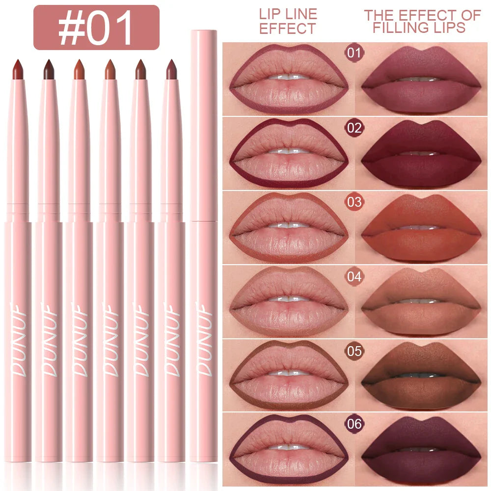 DUNUF 6pcs Set Velvet Matte Waterproof Lipliner Pencil